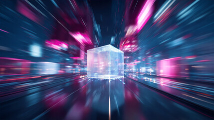 Glowing red digital cube moving fast in futuristic blue data tunnel