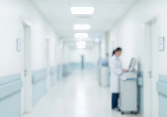 Blurred hospital hallway, doctor with medical equipment working