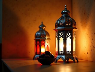 Traditional ramadan lanterns glowing with warm light on a wooden surface