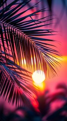 Vibrant Sunset Through Palm Fronds.