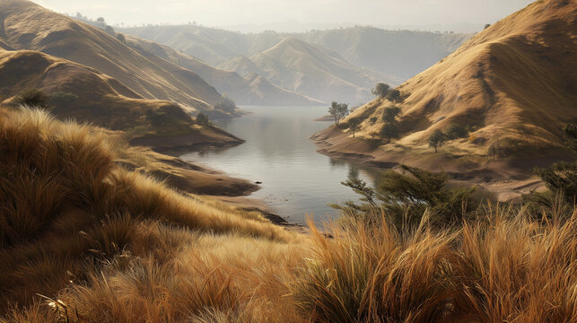 AI-generated image - A serene lake surrounded by soft golden hills, calm reflective water, and a peaceful misty atmosphere creating a tranquil natural landscape.