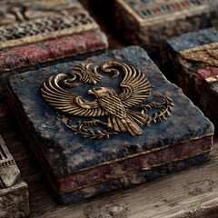 Ancient decorative stone box with embossed golden eagle emblem, weathered textured surface, antique craftsmanship, detailed carved ornament, historical artifact design, vintage artistic relief decorat