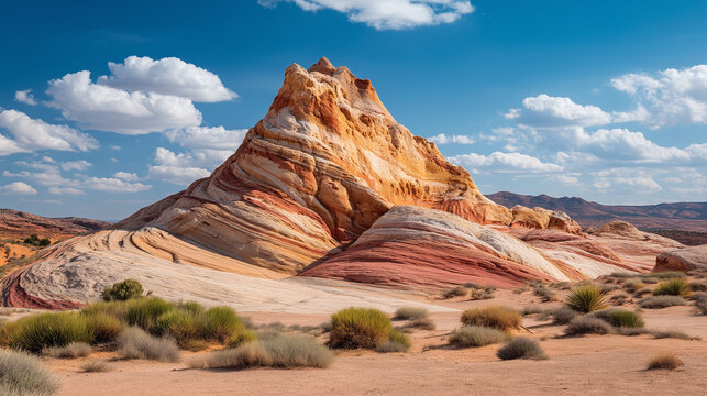 AI-generated image - Colorful layered sandstone mountain in a bright desert landscape under a clear blue sky. - Powered by Adobe