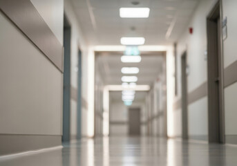 Empty hospital corridor with bright lights and reflective floor