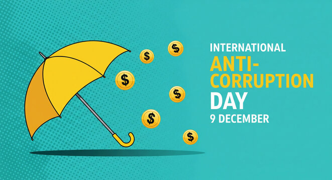 Illustrative design promoting International Anti-Corruption Day with money and umbrella symbolizing protection against financial misconduct and promoting ethical governance - Powered by Adobe