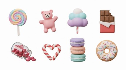 Collection of colorful sweets and candies isolated on white background