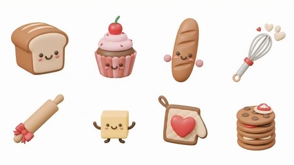 Collection of cute cartoon baked goods and baking tools isolated on white background