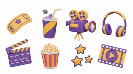 Collection of movie and cinema icons isolated on white background