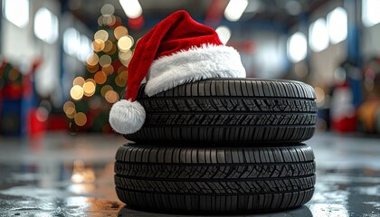 Stacked car tires with Santa hat in festive garage setting.