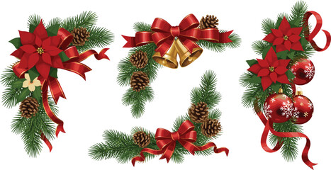 Christmas decorations with pinecones, poinsettia, red ribbons, bells, festive ornaments, holiday floral elements, seasonal craft design, winter celebration accents