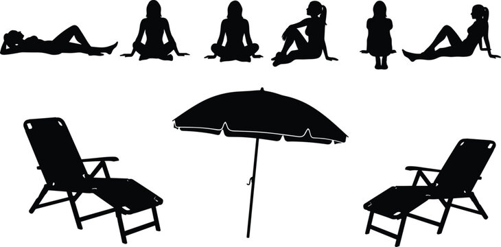 Set of summer beach silhouettes, women sunbathing poses, deckchair and umbrella icons, holiday relaxation concept, black vector illustration collection