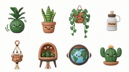 Collection of cute cartoon plants and gardening items isolated on white background