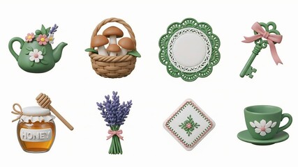 Collection of charming decorative objects isolated on white background