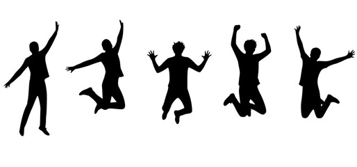 Group of five people (men and women) jumping and cheering with arms raised. Black silhouettes symbolizing joy, excitement, success, celebration, freedom, happiness, and teamwork.