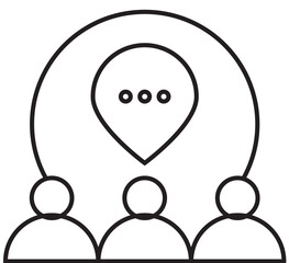 A minimalist line art icon of a group of people sharing a common idea or discussion in a speech bubble.