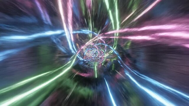 Seamless loop of vibrant neon light flowing through dark tunnels creating an energetic stream effect visualization, fiction, energy