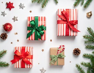 Assortment of Beautifully Wrapped Holiday Gift Boxes with Festive Christmas Decorations on a Clean White Background