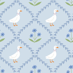 Cozy vintage cottage pattern with duck and flowers