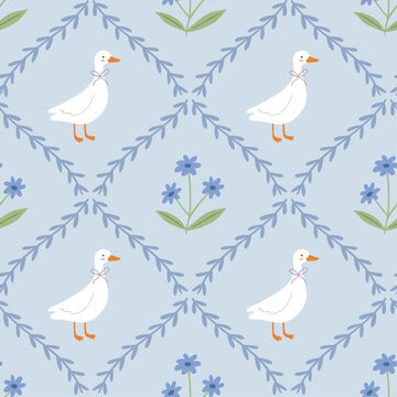 Cozy vintage cottage pattern with duck and flowers
