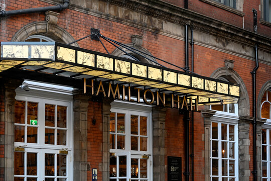 LONDON, UK - NOVEMBER 18, 2025:  Sign outside Hamilton Hall pub in Liverpool Street, City of London
