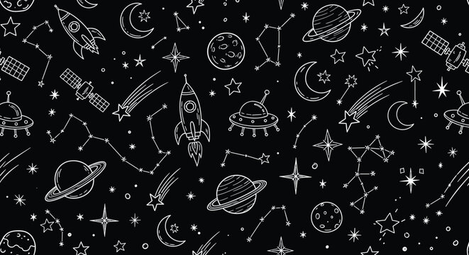 Cosmic voyage a whimsical black and white pattern of celestial wonders, featuring rockets, planets, stars, constellations, and ufos in a handdrawn style