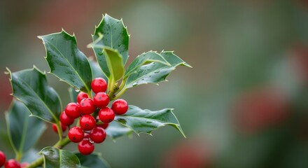 Close-up shot of a holly branch with vibrant red berries and glossy green leaves, a symbol of the holiday season.