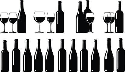 Set of wine bottle and glass silhouettes, black alcohol drink vector collection, winery restaurant menu icons, isolated on white background