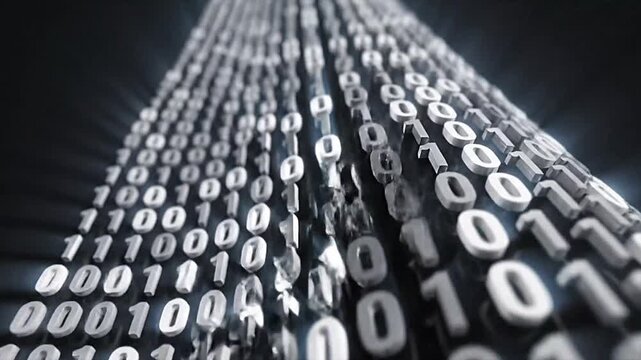 An upward-flowing stream of glowing binary code representing digital data and information technology.video 4k