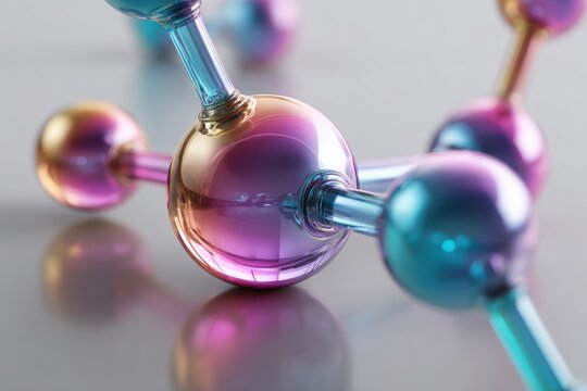 Holographic iridescent metal molecule icon showcasing vibrant colors in a transparent background