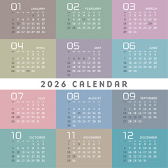 2026年　カラフルなオシャレな年間カレンダー