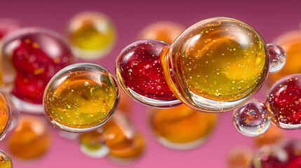 Vibrant abstract floating liquid bubbles in vivid glass-like spheres, colorful translucent droplets with orange and red tones, glossy smooth textures, modern macro artistic fluid background on soft gr