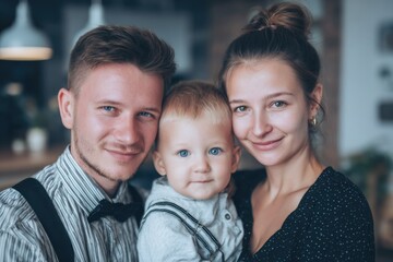 Fototapeta premium Portrait of young parents happily embracing their little son in a cozy home setting during a sunny afternoon