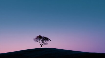 Minimal silhouette of a lone tree on a hill during blue hour twilight, calm gradient sky, minimalist composition