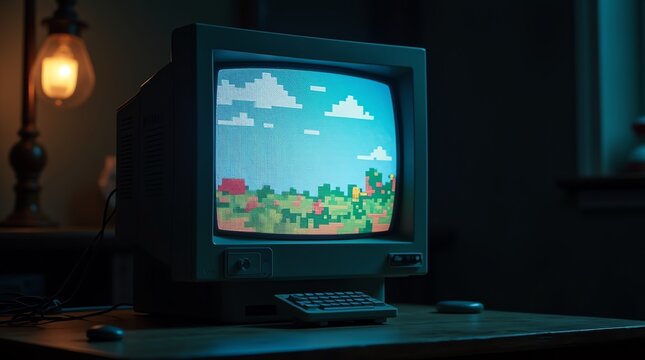 Vintage computer monitor displaying pixelated landscape - Powered by Adobe