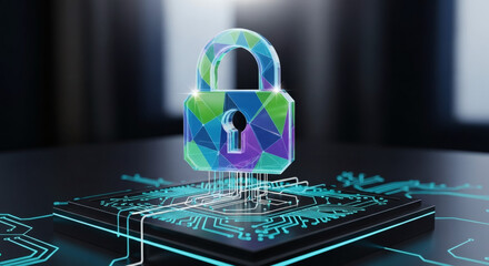 Digital security Secure padlock icon with circuit board background, concept of data protection
