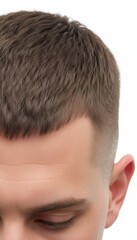 Close-up of a man with short, neatly styled brown hair, focusing on hairstyle and personal grooming