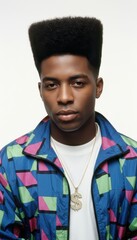 Portrait of a young Black man with a high top fade hairstyle in 80s retro style fashion