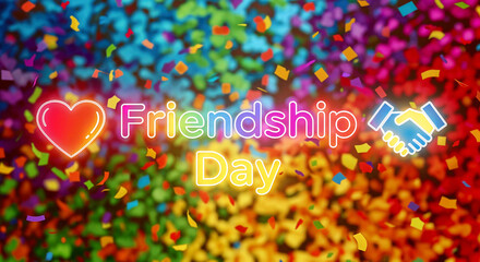 Celebrating Friendship Day with Neon Joy, Confetti Vibes, Heartfelt Bonds, and Handshakes of Unity in a Colorful Burst of Togetherness