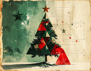 幾何学的な構成と深い緑・鮮やかな赤が織りなす、ヴィンテージな風合いのクリスマスツリー。星と抽象的な線で描かれた、伝統と革新が融合するホリデーアート。