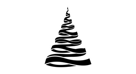 A modern, minimalist black and white Christmas tree icon formed by a single swirling, abstract ribbon on a white background.