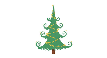 Fototapeta premium A whimsical green Christmas tree with curly branches adorned with yellow string lights and stars, set against a white background.