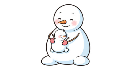 Illustration of a large snowman hugging a smaller snowman.