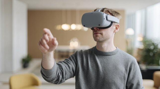 Man in gray sweater experiencing virtual reality at home