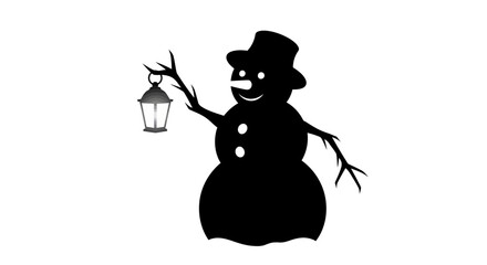 Silhouette of a snowman wearing a hat, holding a lantern, and smiling.