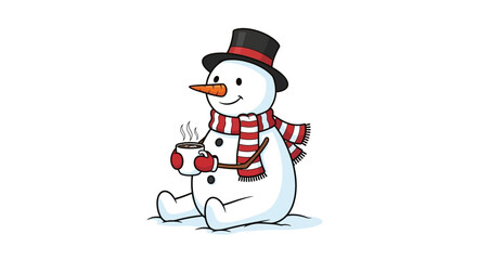 Cartoon snowman wearing a scarf and hat, holding a steaming mug.
