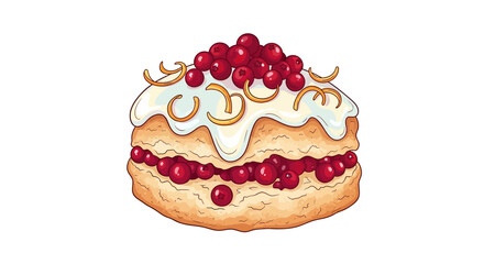 A delicious layered scone with white icing, red berry filling, and zest garnish, isolated on a white background.