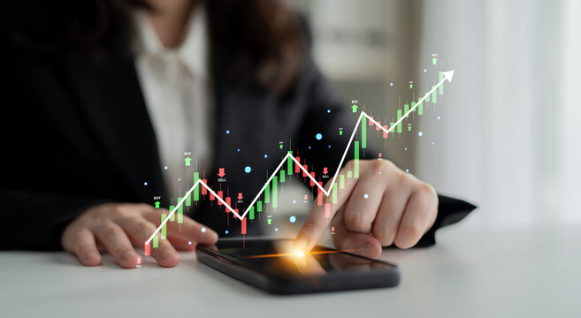 A stock market trading candlestick chart showing a bull market trend. A concept of financial investment with technical analysis and trading signals. Motif