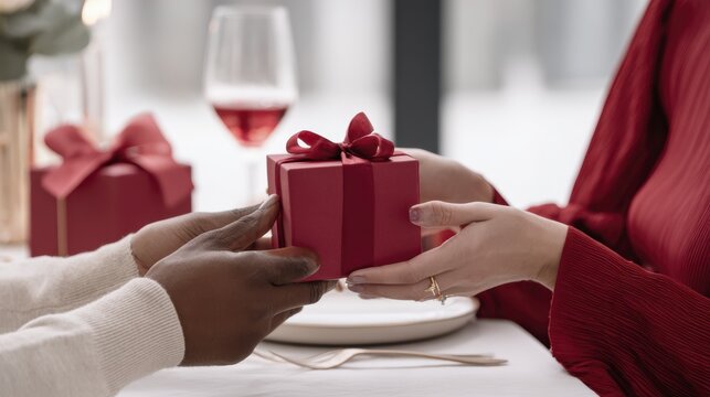Exchanging gift box at romantic dinner for two with wine and candlelight