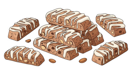 Illustration of stacked granola bars with white icing drizzle.