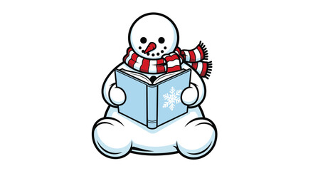 A cute cartoon snowman wearing a red and white striped scarf while sitting and reading a blue book with a snowflake cover.